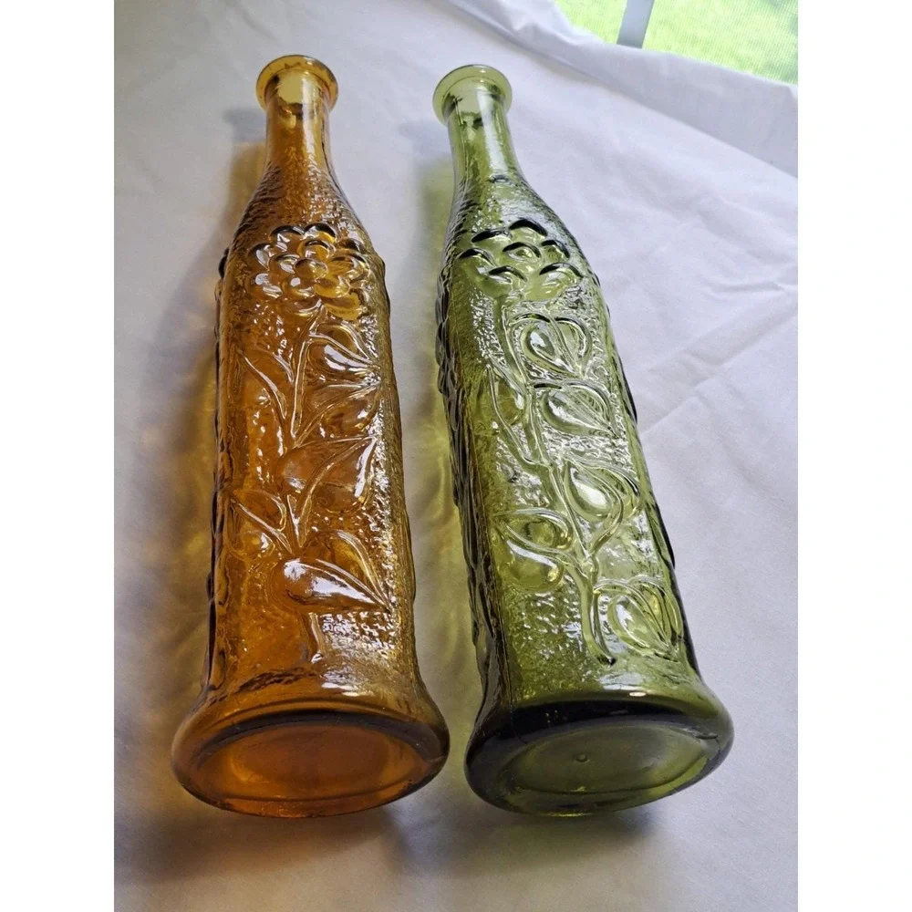 2 Empoli Genie Bottles Amber & Green Floral Design Topless - Picture 3 of 4
